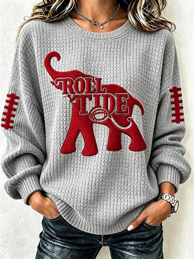 Women'S Football Print Waffle Long Sleeved Round Neck Sweatshirt