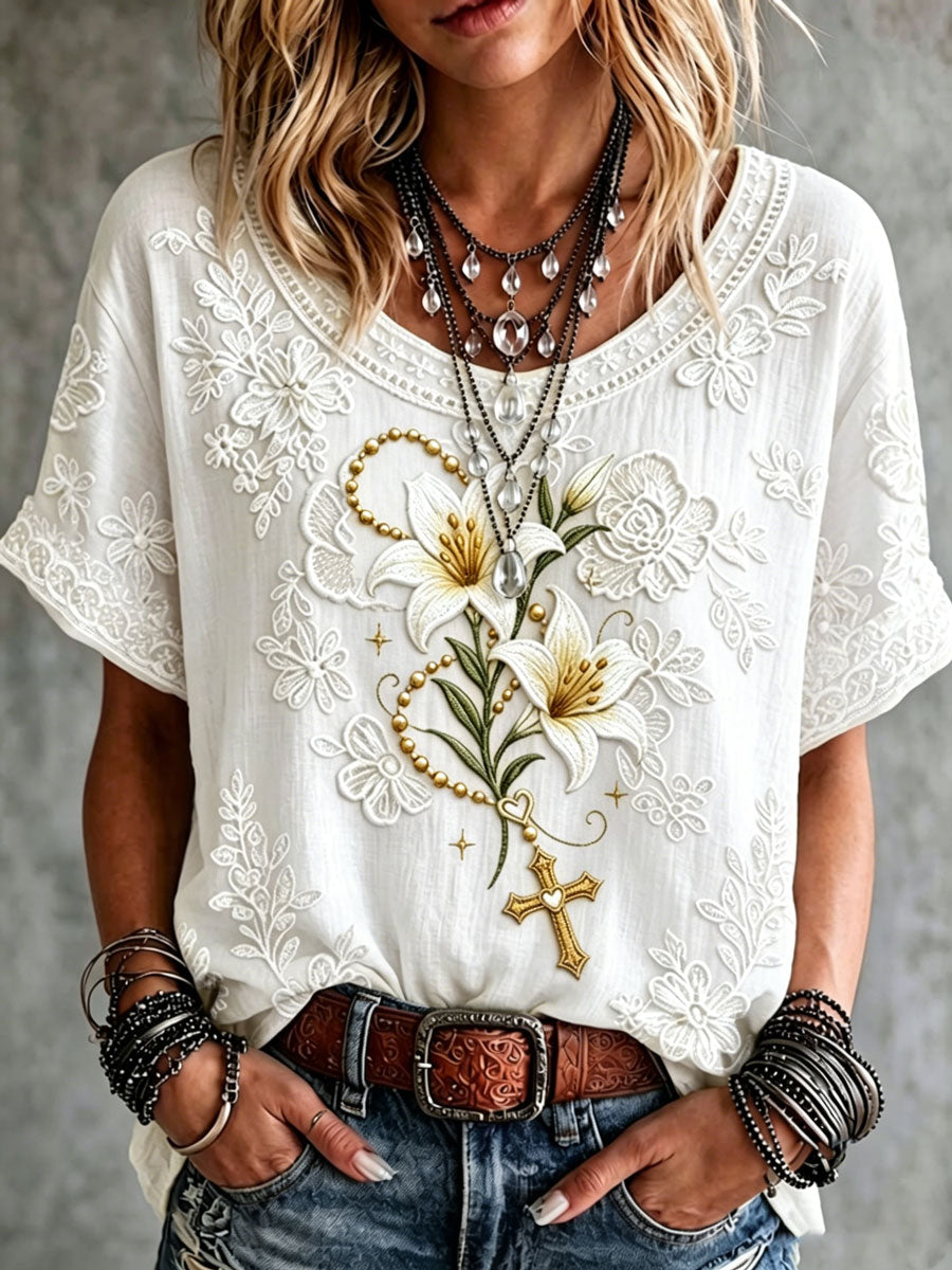 Women's Vintage Lily Flower Cross Art Print Short-sleeved T-shirt