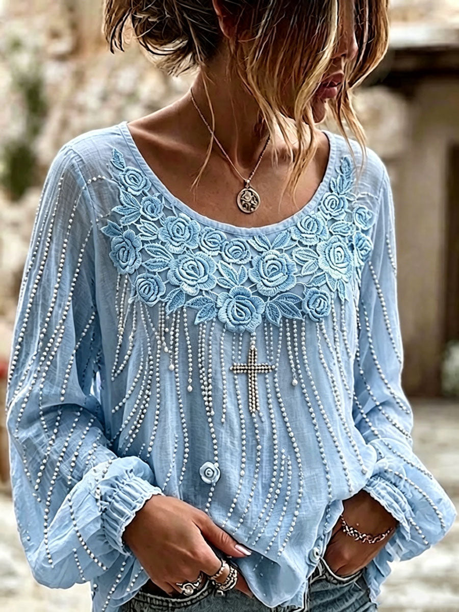Women'S Casual Floral Cotton Linen Long Sleeved Shirt