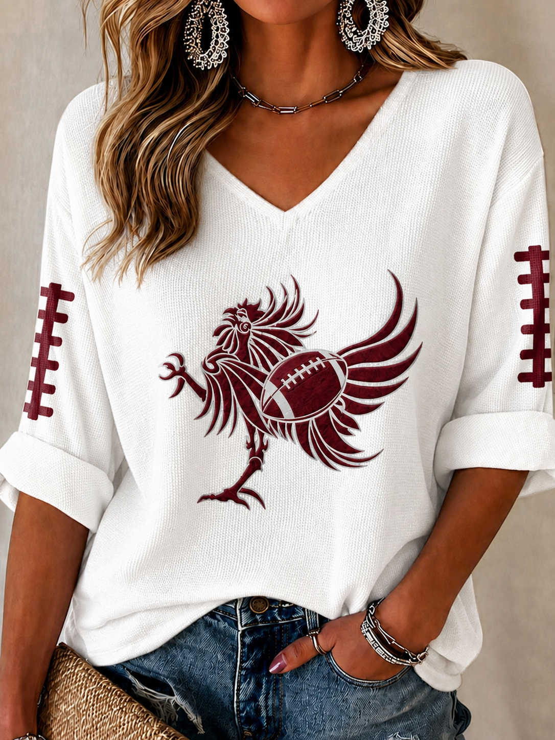 Women'S Football Print Waffle  Top