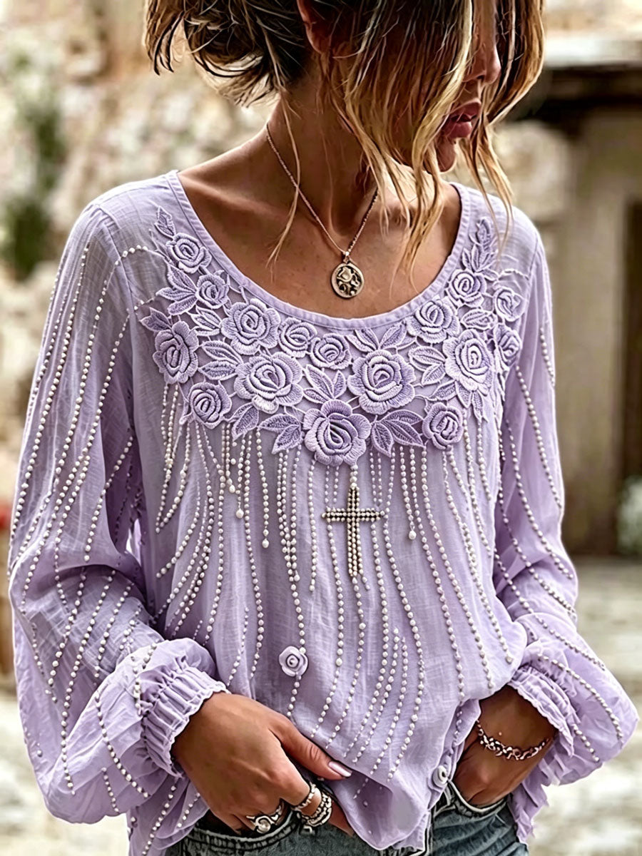 Women'S Casual Floral Cotton Linen Long Sleeved Shirt