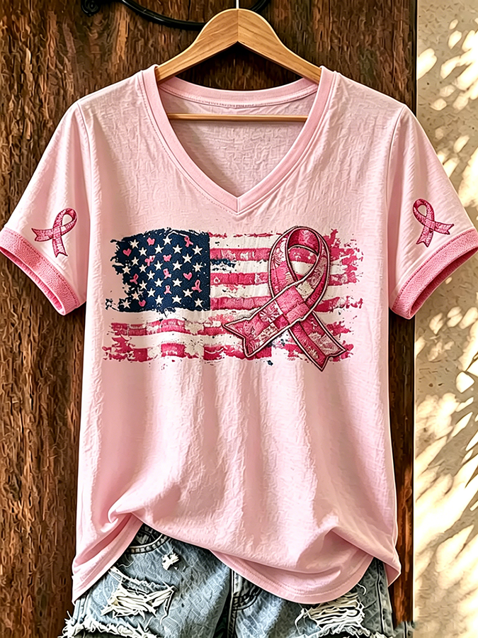 Women'S American Flag Pink Ribbon Embroidered Casual T-Shirt