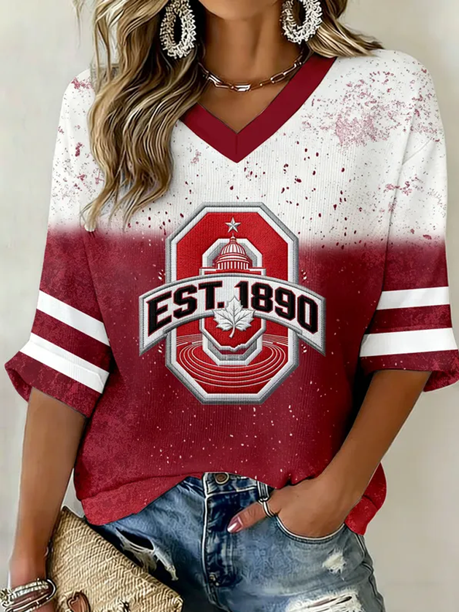 Women'S College Rugby Printed Waffle V-Neck Top