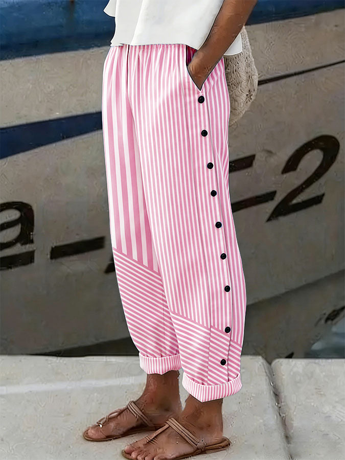 Women'S Casual Pink Stripe Art Breast Cancer Awareness Printed Trousers