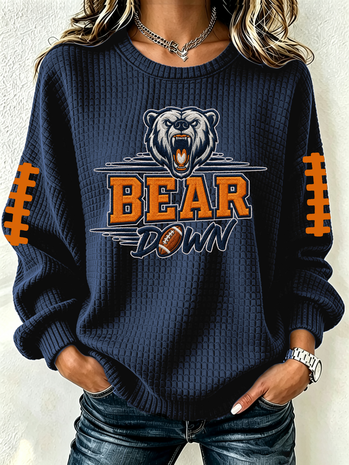 Women's football fan waffle long sleeved round neck sports shirt