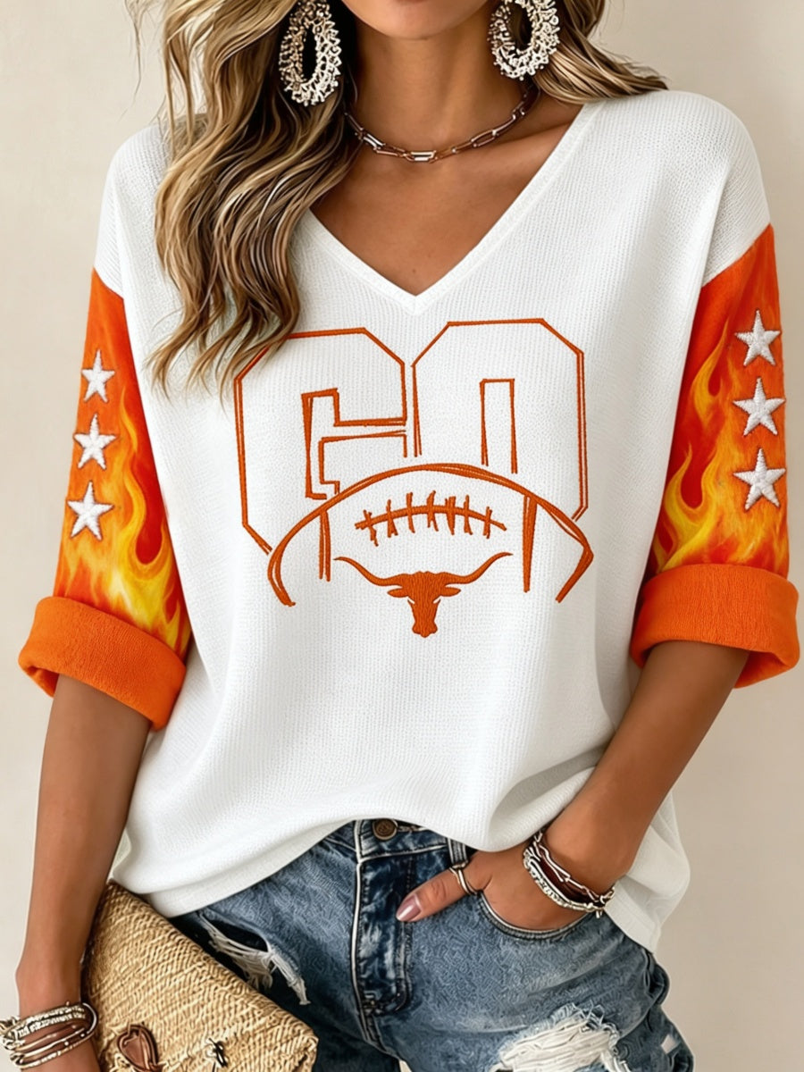 Women'S Football Print Waffle V-Neck Top