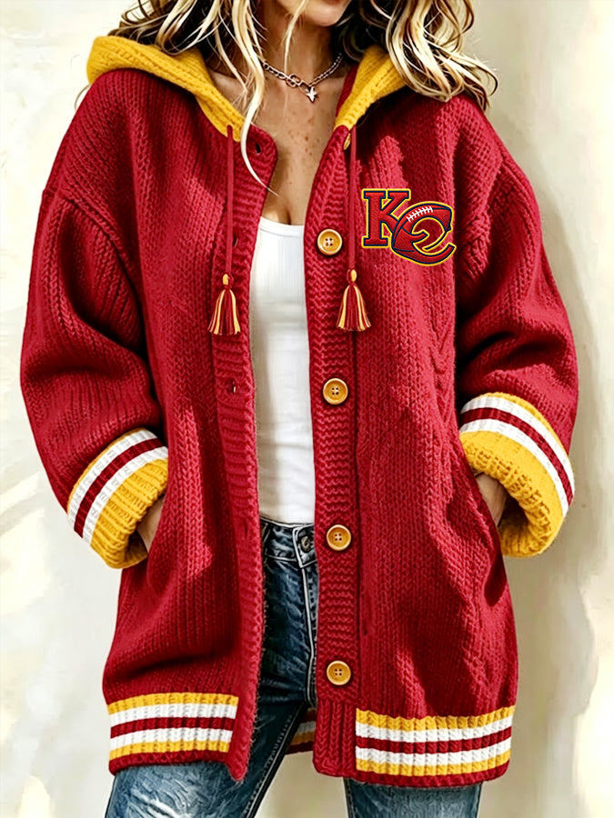 Women'S Football Print Casual Hooded Long Cardigan
