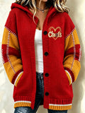 Women'S Football Print Casual Hooded Long Cardigan
