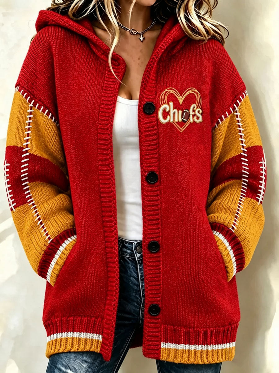 Women'S Football Print Casual Hooded Long Cardigan