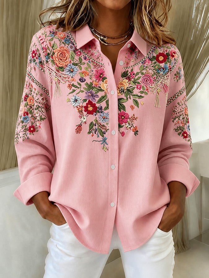 Women's Pink Plaid Print Lapel Long Sleeve Shirt