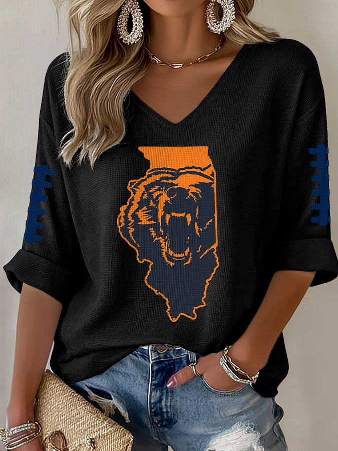 Women'S Rugby Printed Waffle Long Sleeve T-Shirt