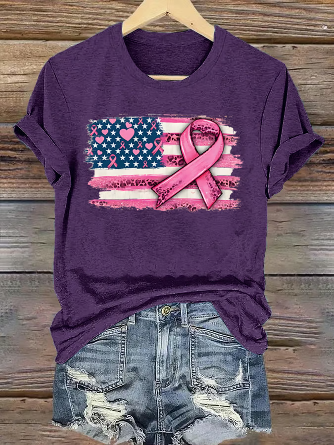 Women's breast cancer US flag T-shirt