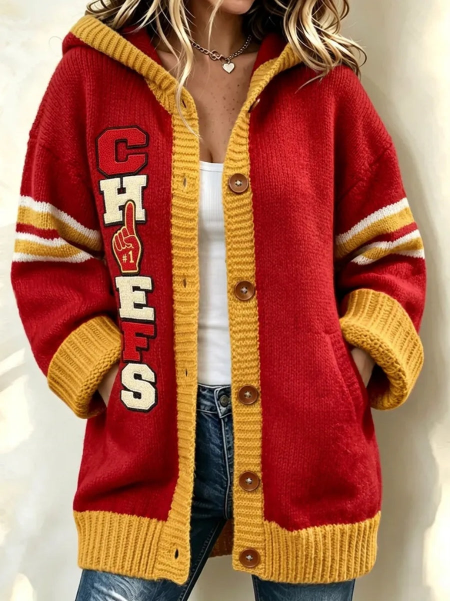 Women'S Football Print Hooded Long Cardigan