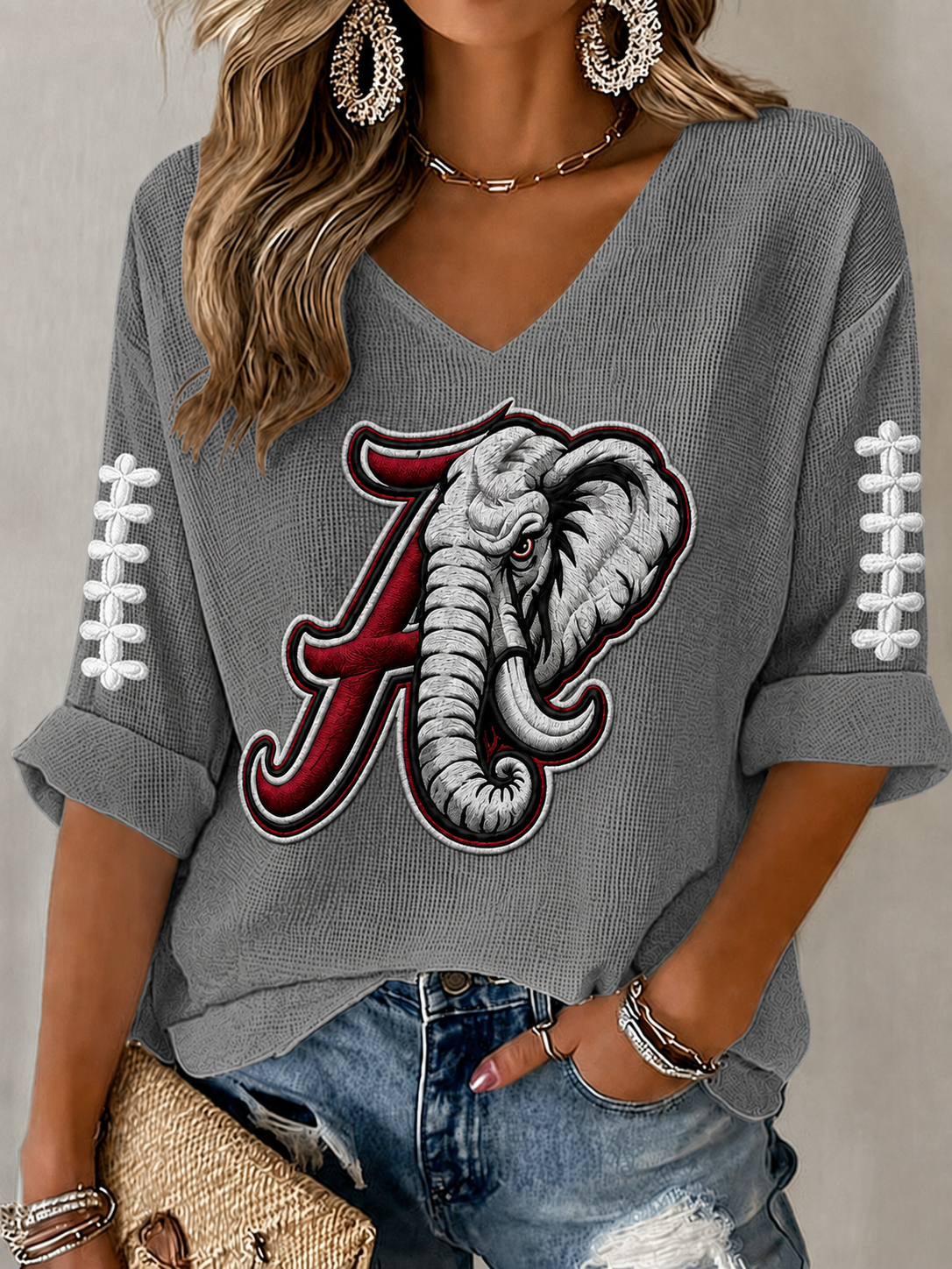 Women'S Football Printed  Waffle V-Neck Top