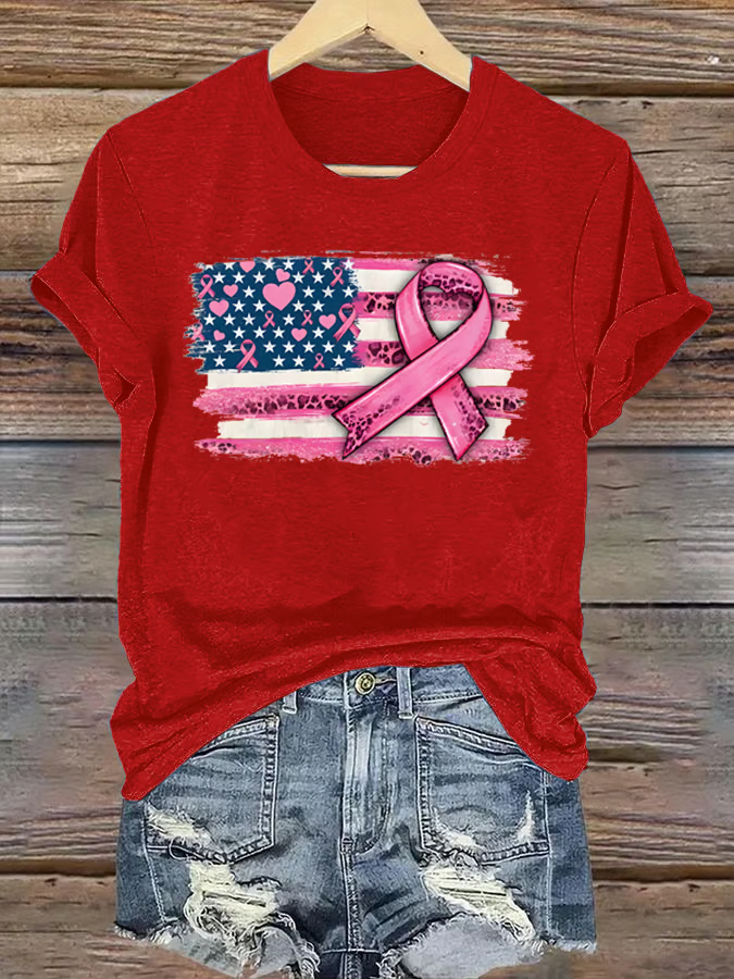Women's breast cancer US flag T-shirt