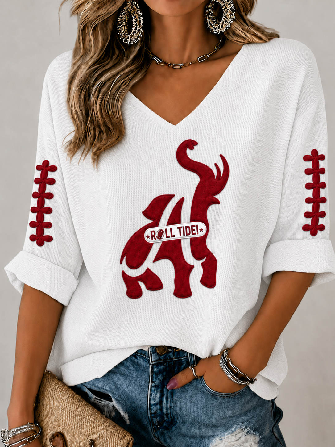 Women'S Rugby Patterned Waffle V-Neck Top