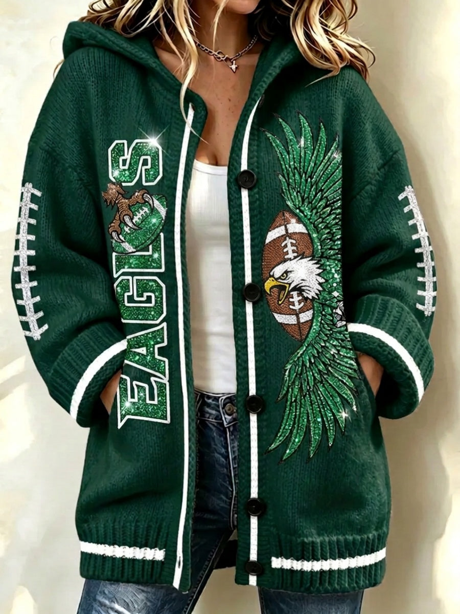 Women'S Football Print Casual Hooded Long Cardigan