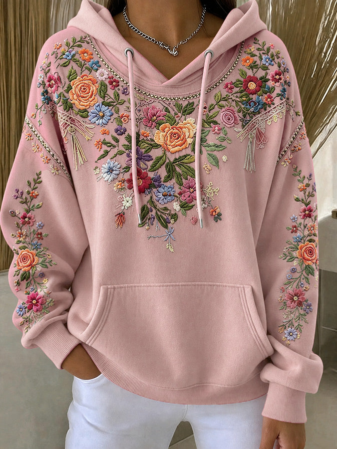 Women'S Casual Pink Floral Hoodie