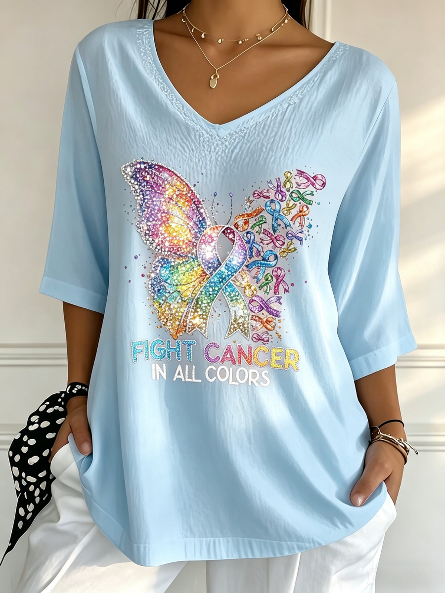 Women's Cancer Awareness V Neck 3/4 Sleeve Casual Tee