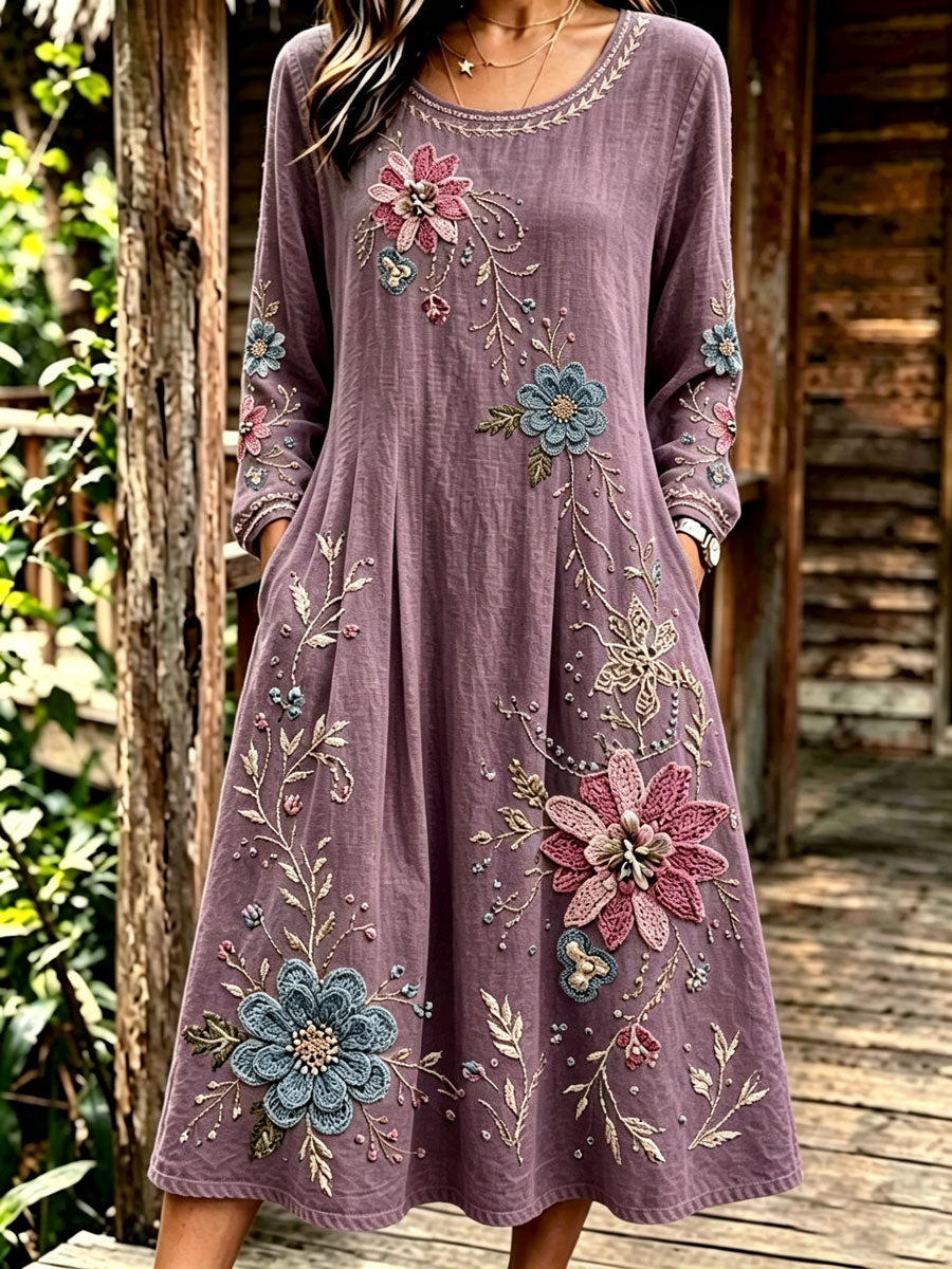 Women'S Round Retro Floral Cotton Linen Long Sleeved Dress
