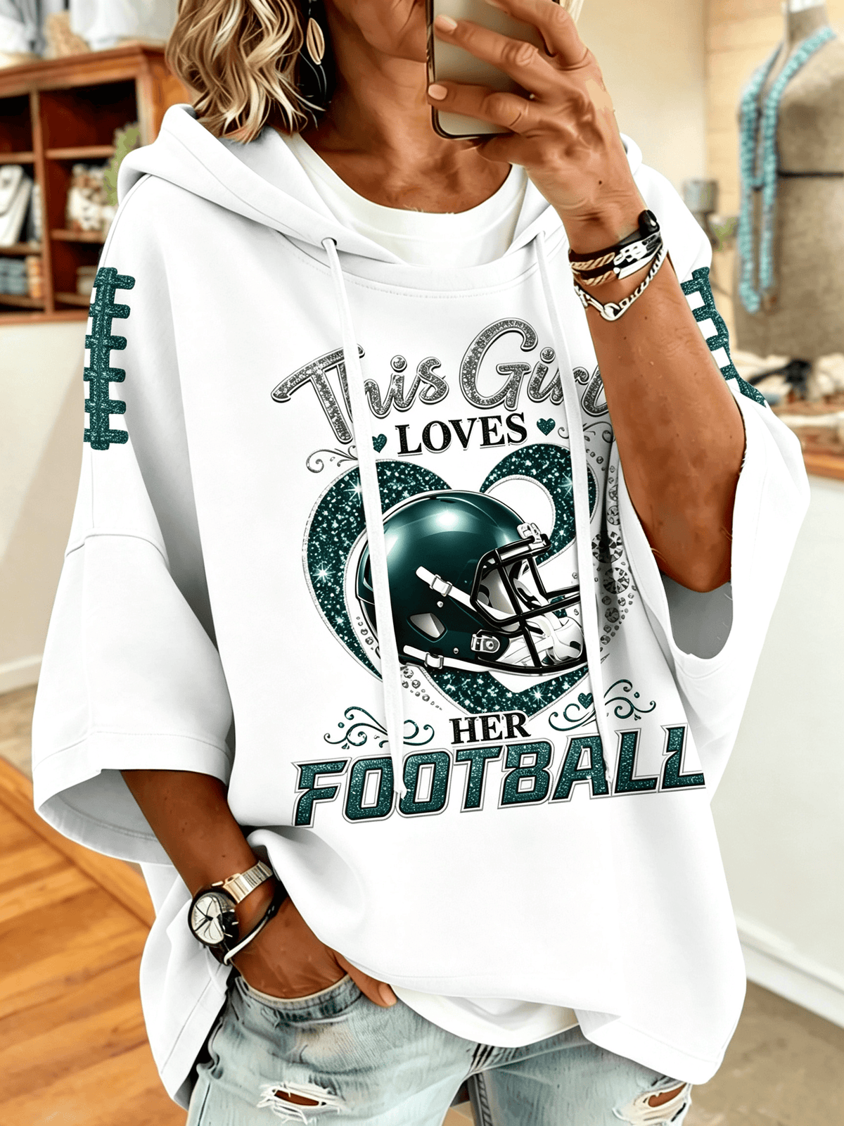 Women'S Retro Football Printed Hoodie