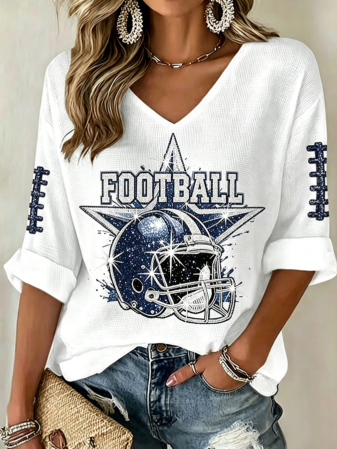 Women'S Rugby Patterned Waffle V-Neck Top