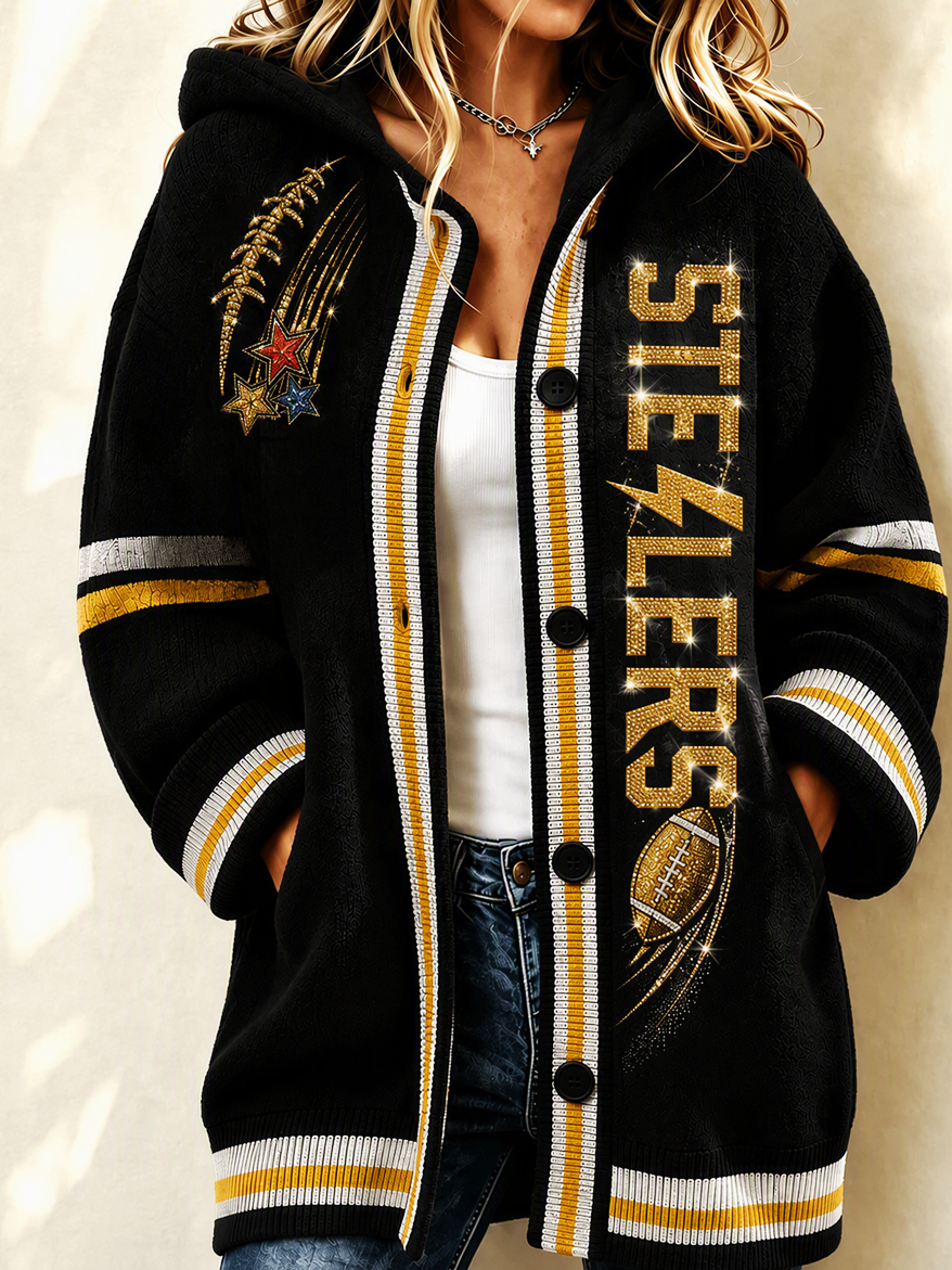 Women'S Football Print Casual Hooded Long Cardigan