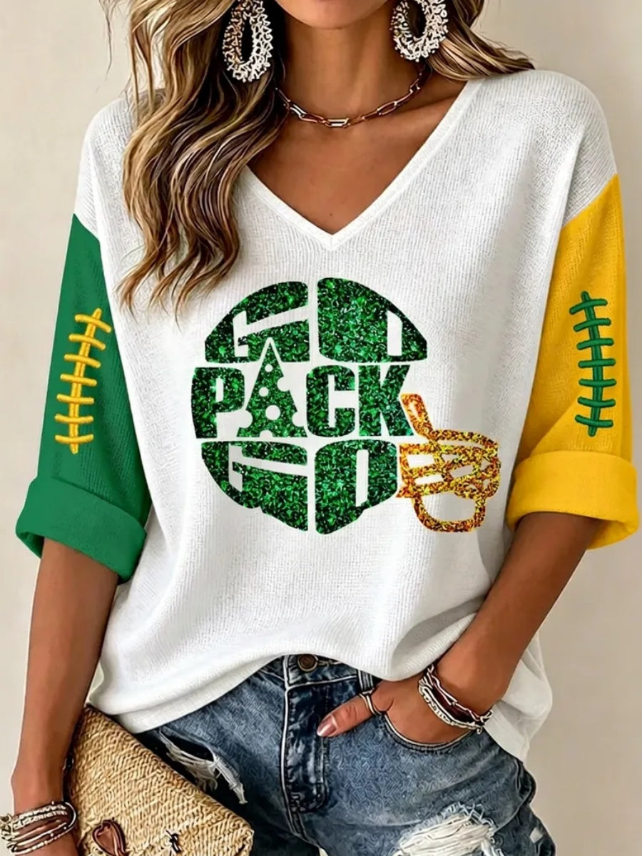 Women'S Football Print Waffle V-Neck Top