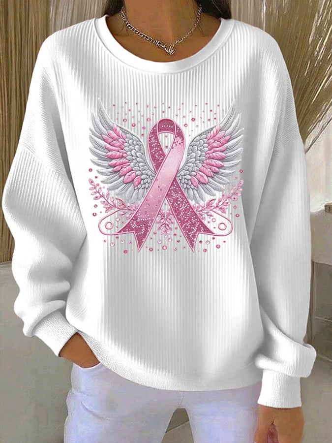 Women'S Pink Ribbon Print Casual Sweatshirt