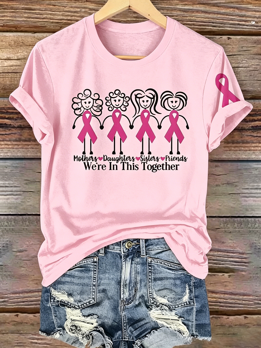Pink Series Disease Health Awareness Public Welfare Printed Round Neck T-Shirt