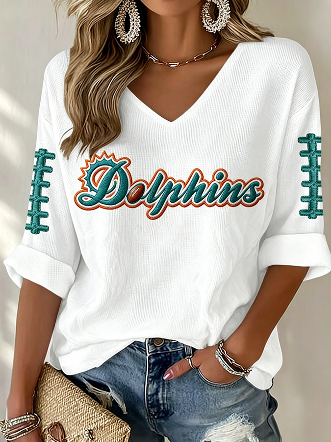 Women'S Rugby Patterned Waffle V-Neck Top