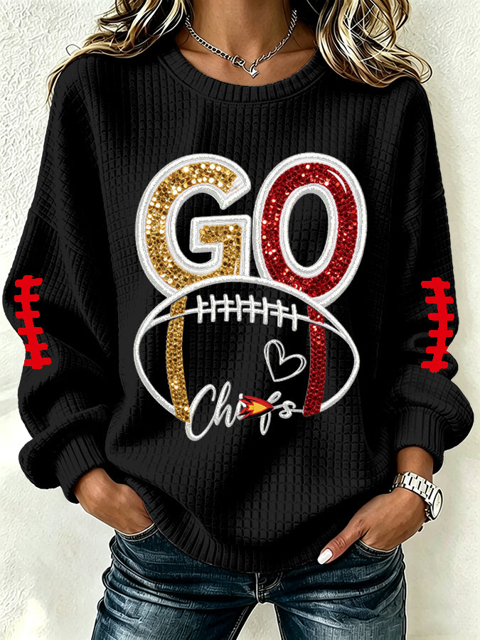 Women'S Football Print Waffle Long Sleeved Round Neck Sweatshirt