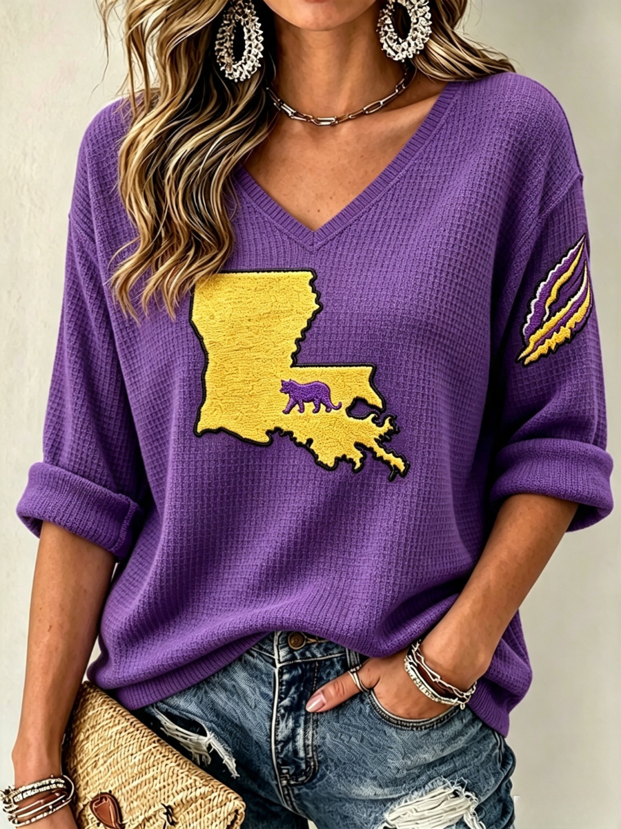 Women'S Rugby Patterned Waffle V-Neck Top