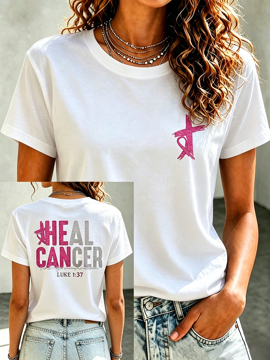 Pink Series Disease Health Awareness Public Welfare Printed Round Neck T-Shirt