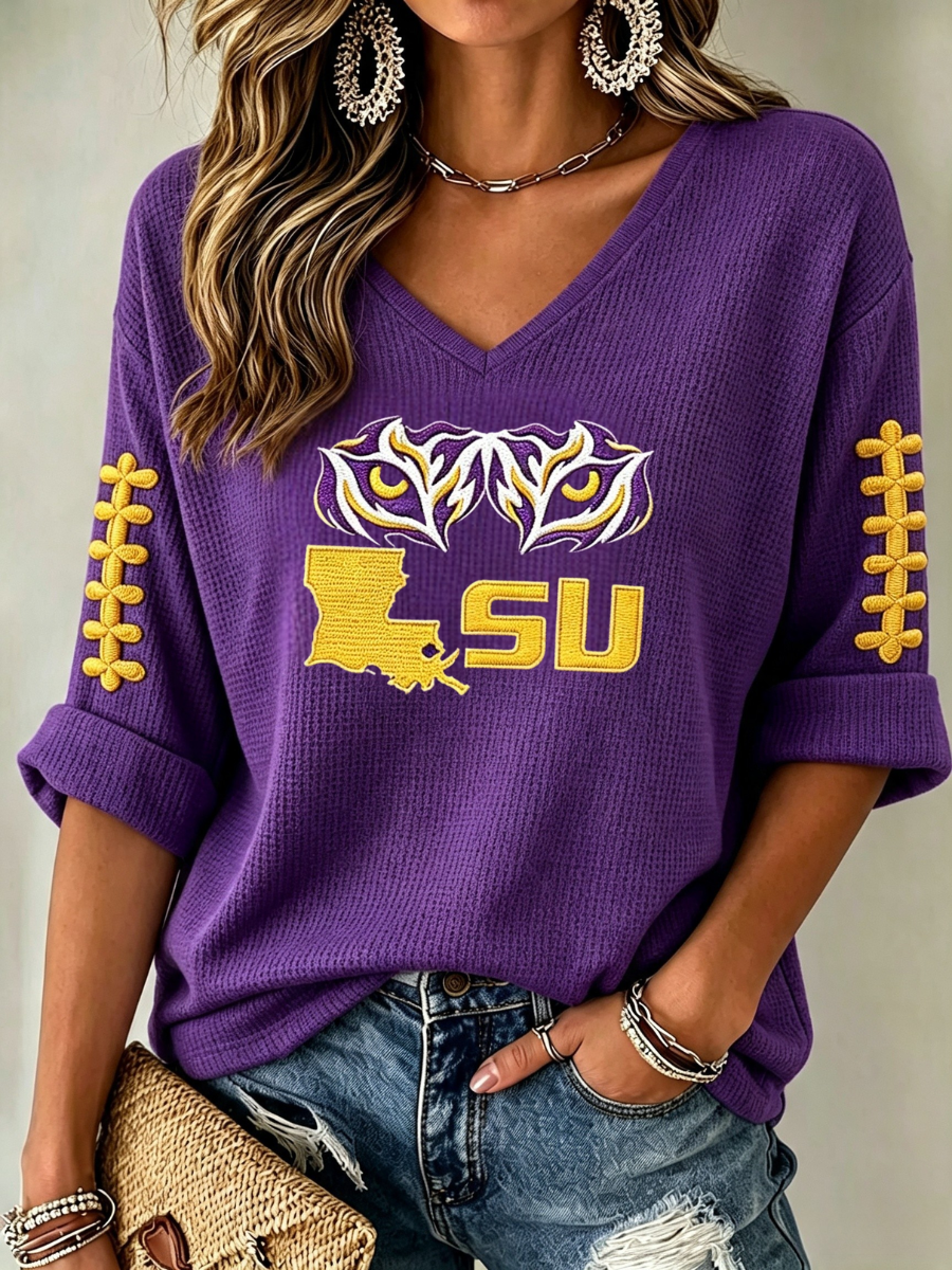 Women'S Rugby Patterned Waffle V-Neck Top