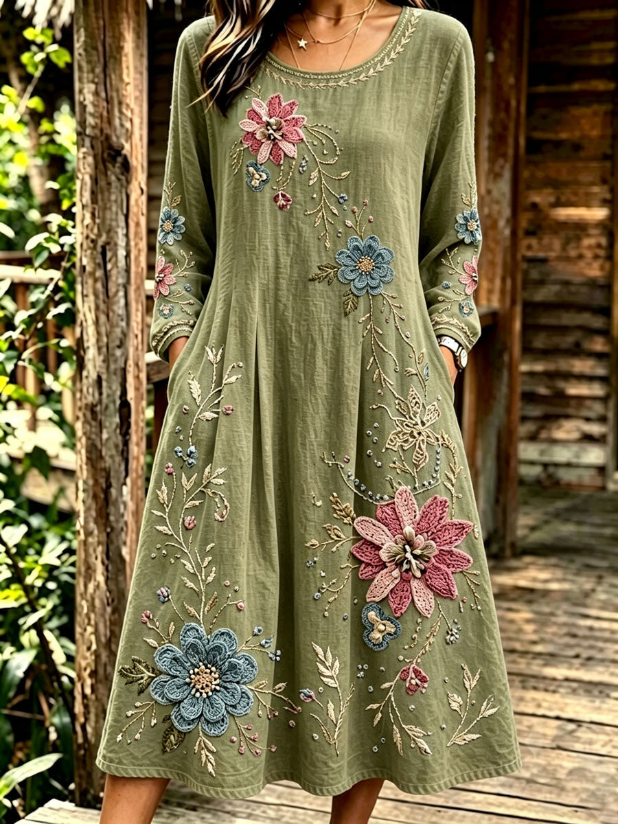 Women'S Round Retro Floral Cotton Linen Long Sleeved Dress