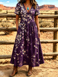 Women'S Western Style V-Neck Short Sleeved Floral Pattern Dress