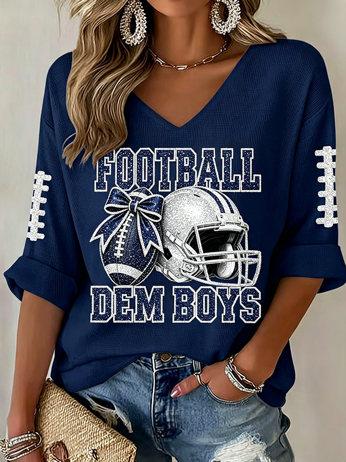 Women'S Rugby Patterned Waffle V-Neck Top