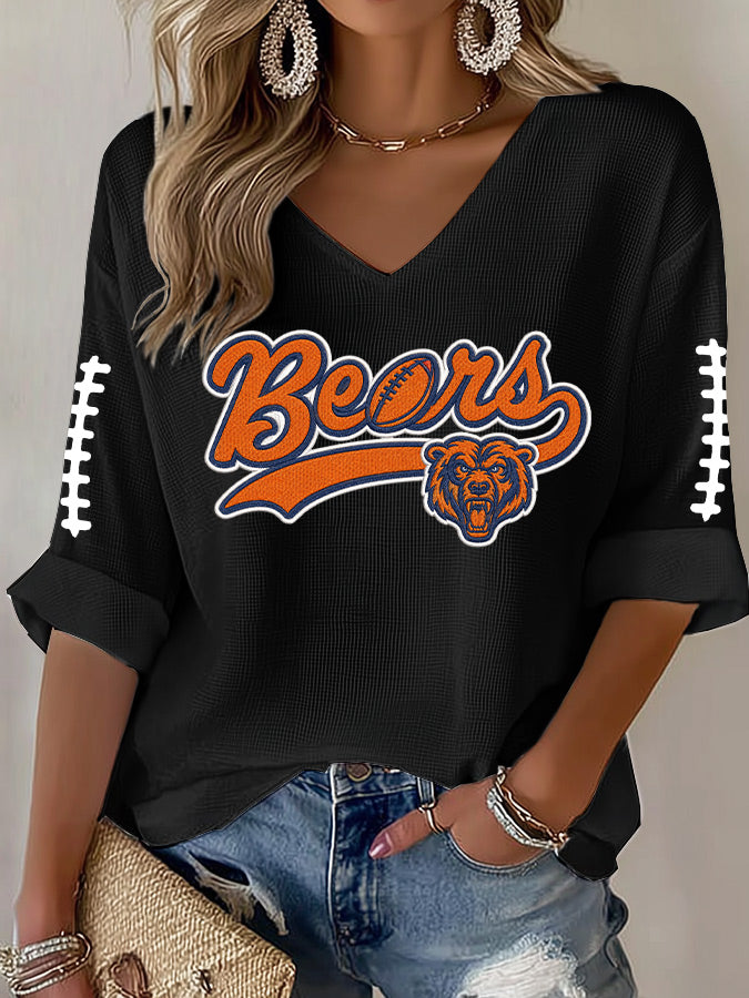 Women'S Rugby Printed Waffle Long Sleeve T-Shirt