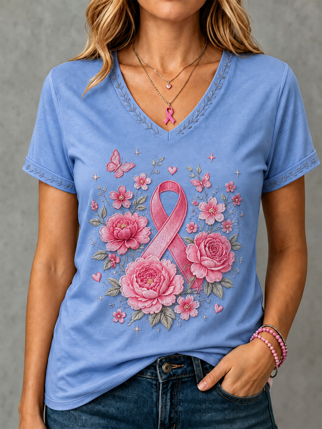 Women'S Breast Cancer Awareness Printed Short Sleeved T-Shirt