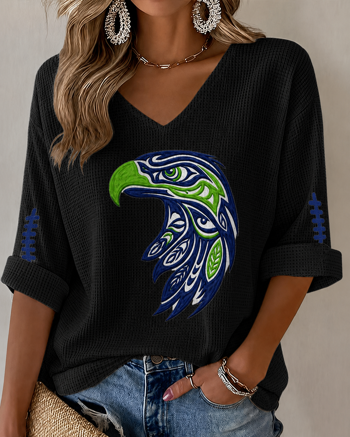 Women'S Seattle Football Vintage Fashion Printed Waffle T-Shirt