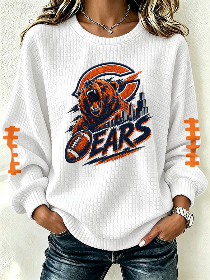 Women's football fan waffle long sleeved round neck sports shirt