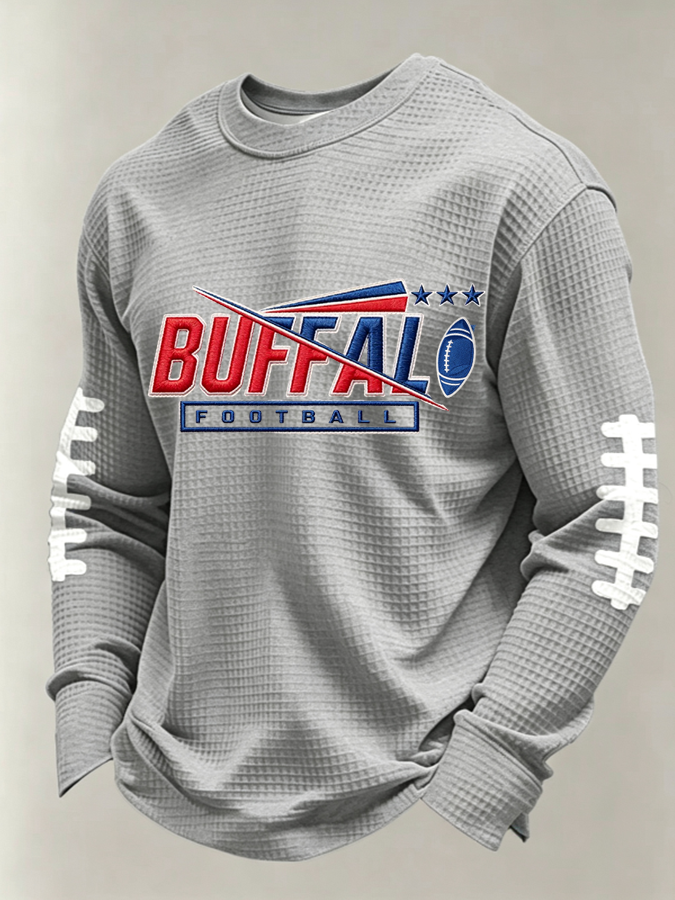Men'S Buffalo Print Football Fans Gameday Casual Waffle Long Sleeve T-Shirt
