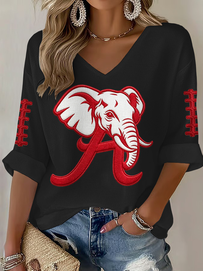 Women'S Rugby Patterned Waffle V-Neck Top