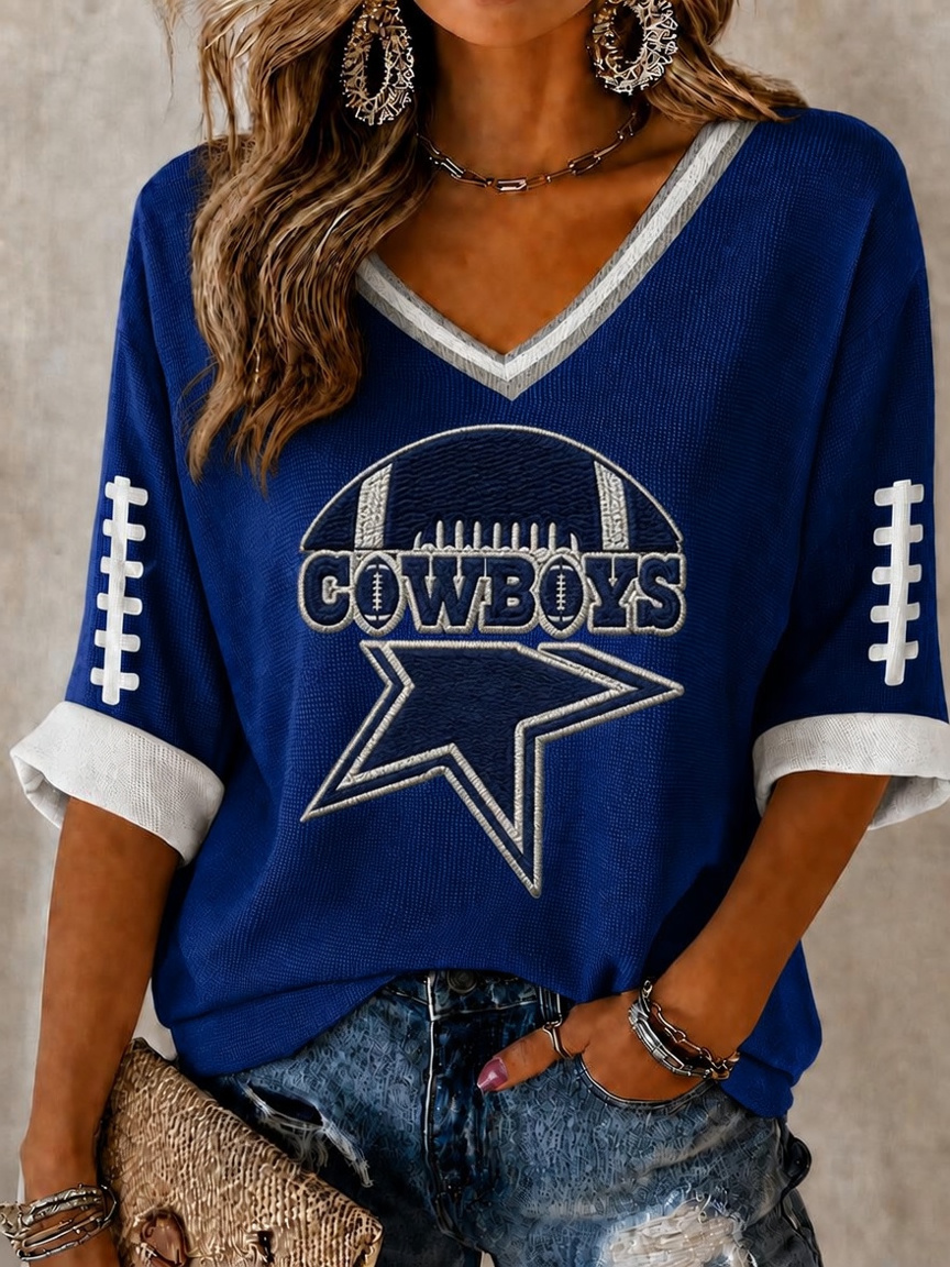 Women'S Football Printed Mid Sleeve V-Neck T-Shirt