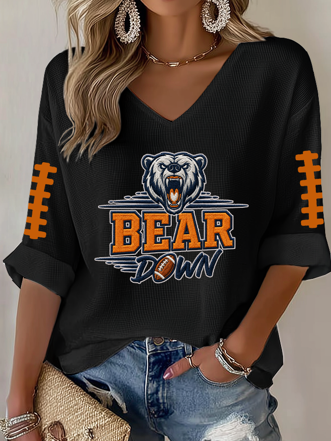Women'S Rugby Printed Waffle Long Sleeve T-Shirt