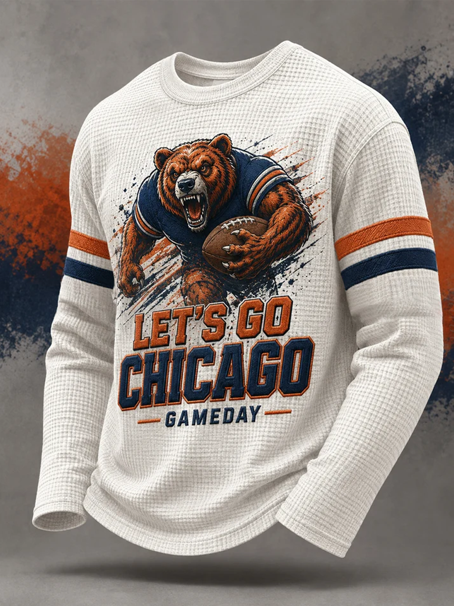 Men'S Let'S Go! Chicago Football Gameday Gift For Football Fans Casual Waffle Long Sleeve Top