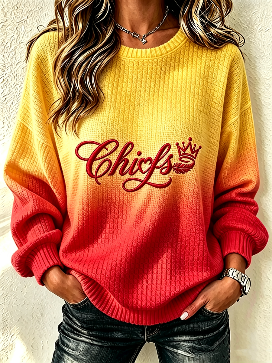Women'S Football Fan Waffle Long Sleeved Round Neck Sweatshirt