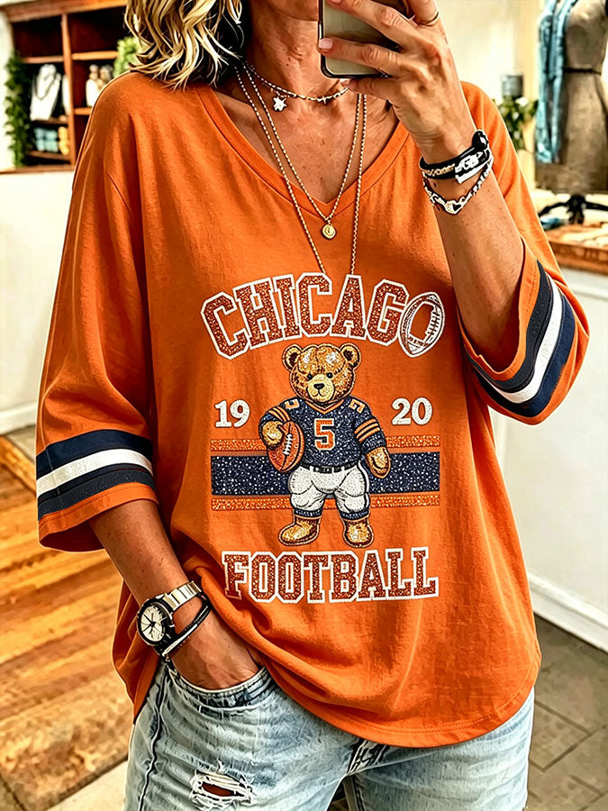 Women'S Casual Football V-Neck 7-Inch Sleeve T-Shirt