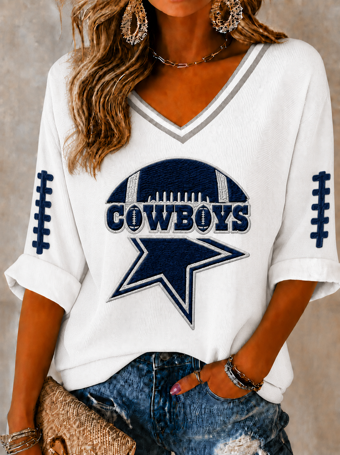 Women'S Football Printed Mid Sleeve V-Neck T-Shirt